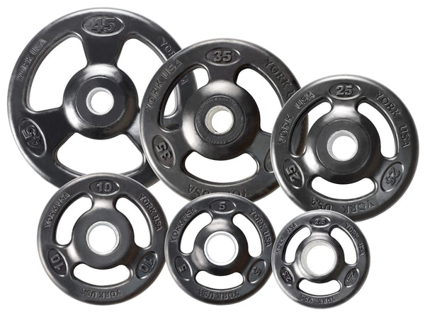 2″ Iso-Grip Rubber Encased Steel Olympic Plate with 3 grip design . Plates are standard size
