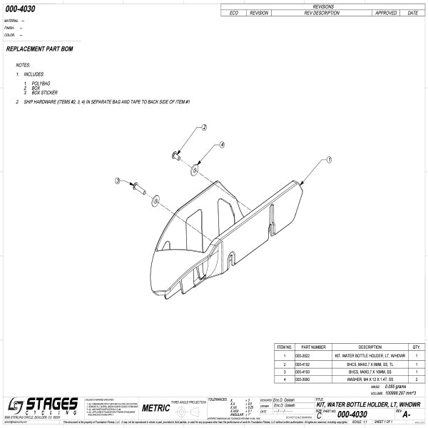 Stages - 000-4030 KIT, WATER BOTTLE HOLDER, LT, .W/HDWR