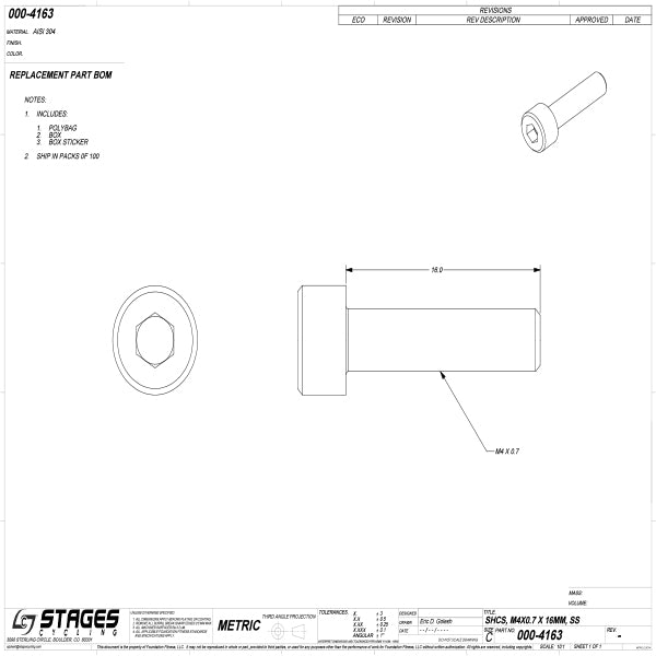 Stages 000-4163 SHCS M4X0. x 169mm S.S.