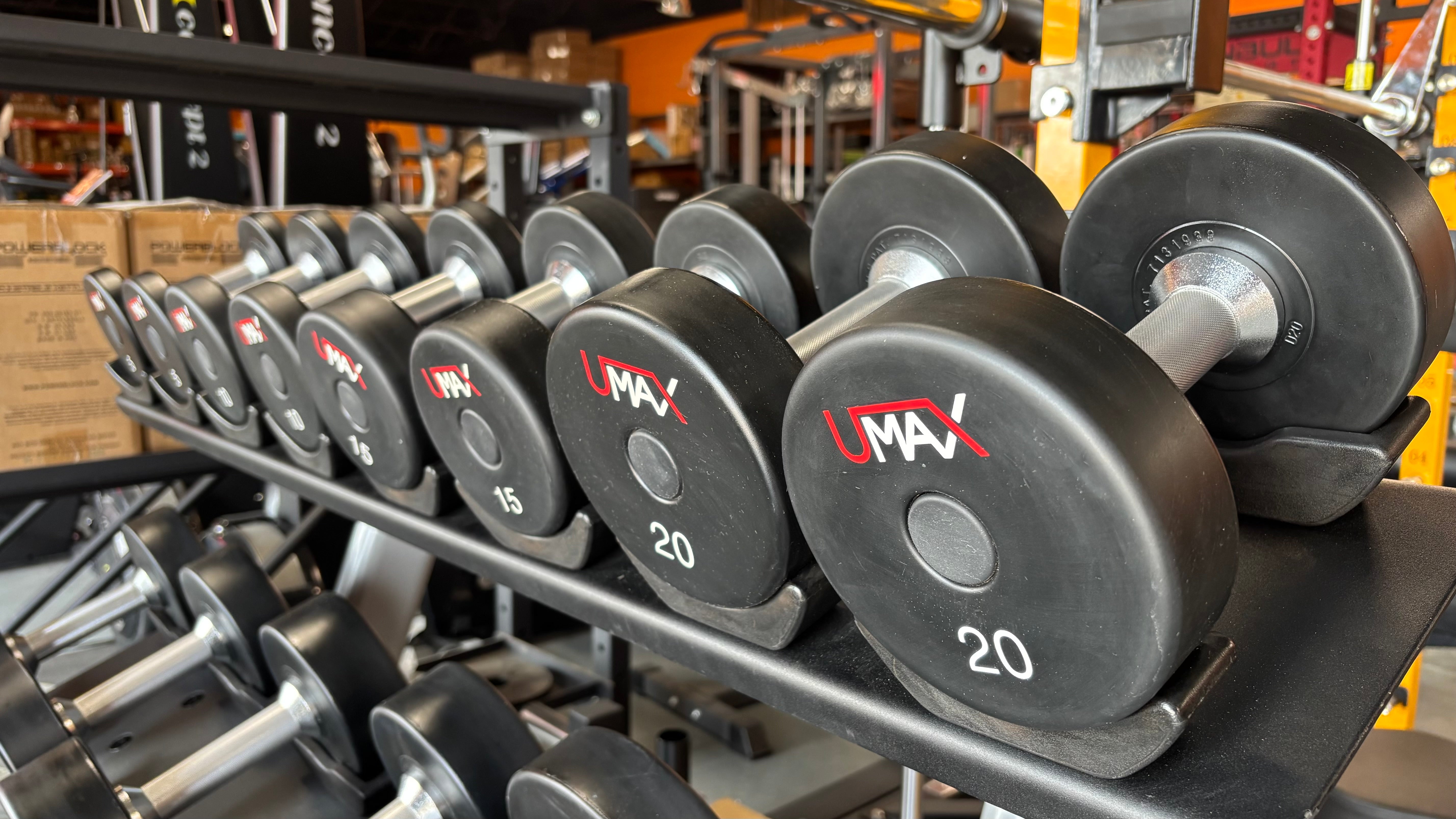 Demo Umax dumbbell set with rack