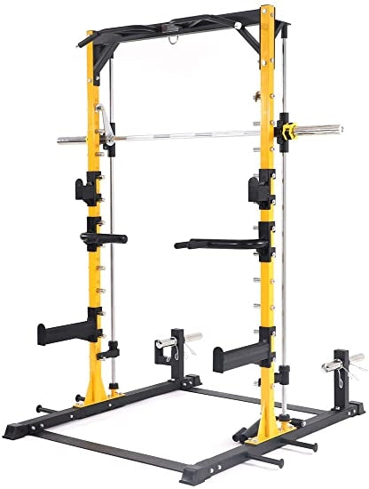 Altas Half Rack Smith Machine Combo with dip station attachment, bar for bands, storage attachment and pull up bar