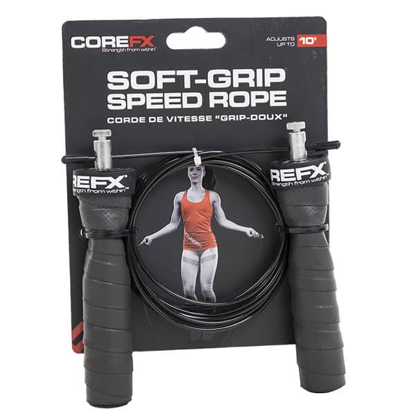 Corefx Soft Grip Speed Rope with Black grip handles in packaging