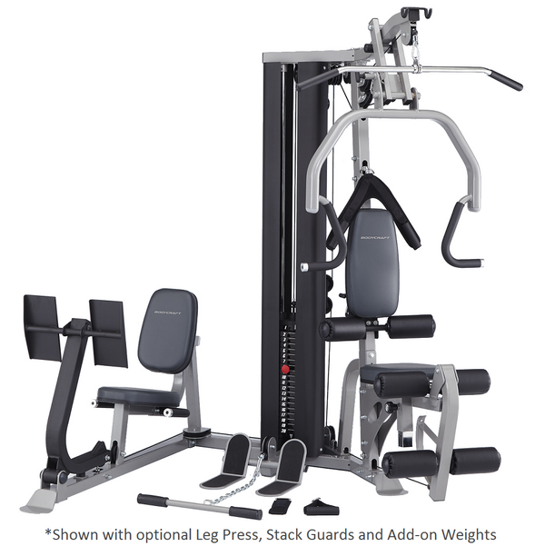 BodyCraft GL Strength Training System shown with optional Leg Press , Stack Guards and Add on Weights