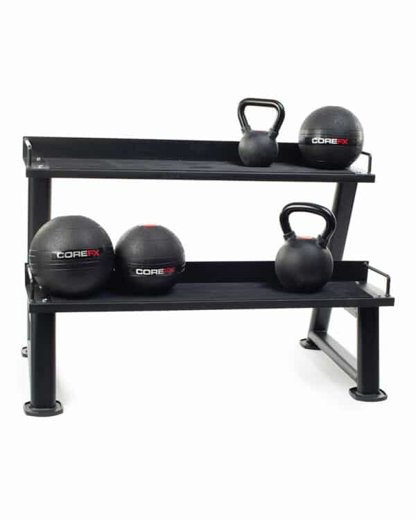 CoreFX Kettlebell rack with kettlebells and med ball on it